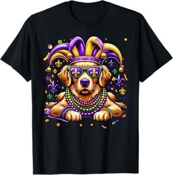 Funny Mardi Gras Bead Golden Retriever Dog Festival Carnival T-Shirt