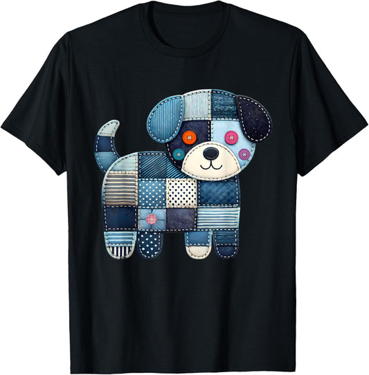 Retro Funny Denim Patch Animal Dog T-Shirt