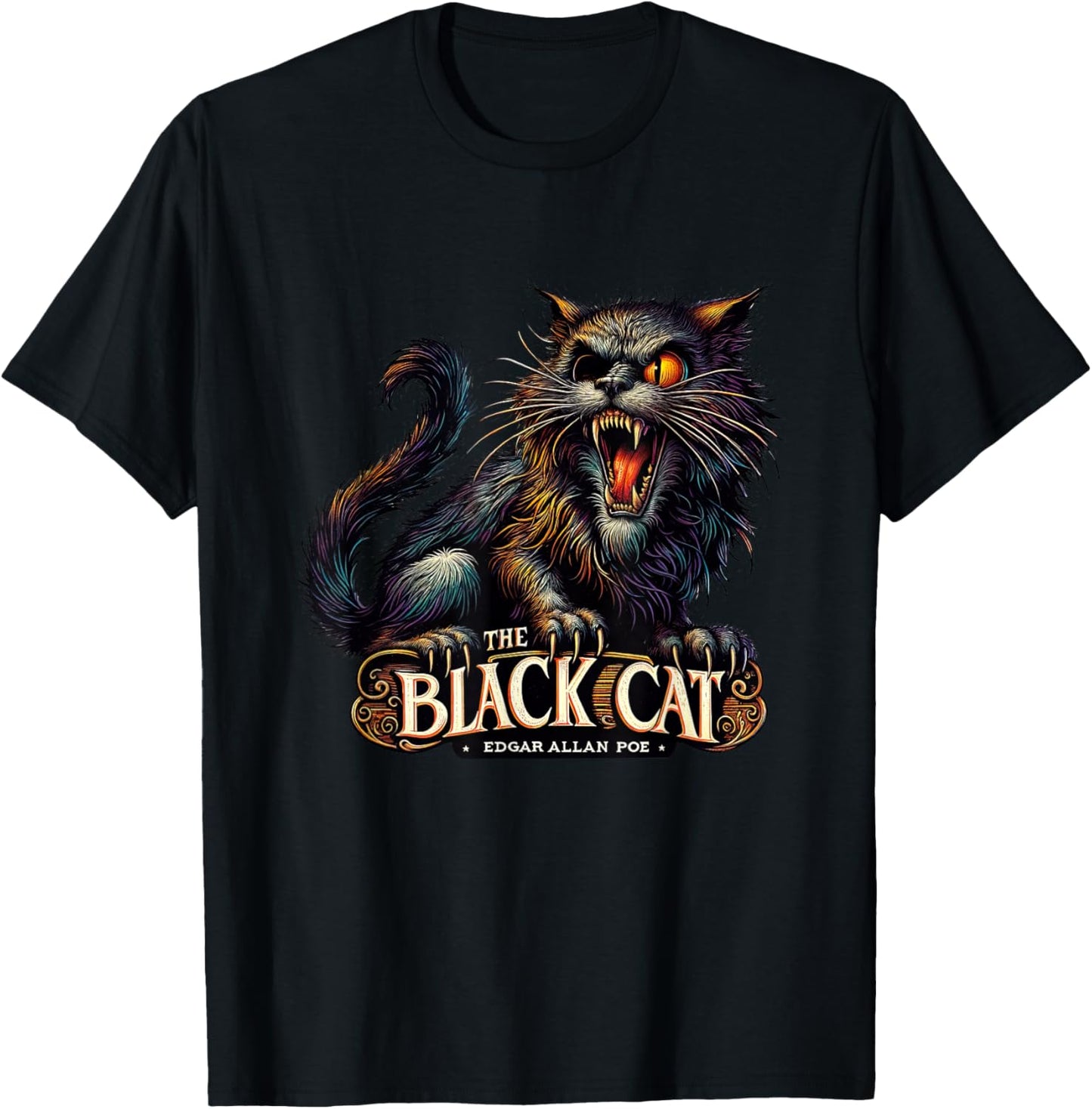 Poe & Co. Lit. Literary Giants and Geniuses Edgar Allan Poe's The Black Cat Illustration T-Shirt
