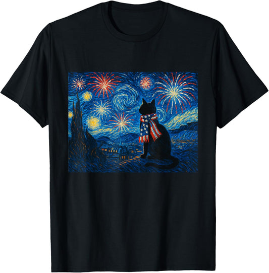 Cat Starry Night Van Gogh 4th of July Patriotic Cat Lover T-Shirt