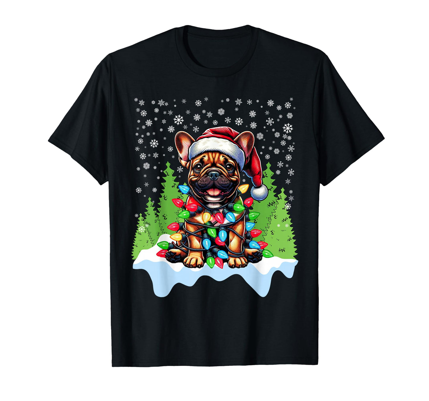 French Bulldog Christmas Santa Hat Lights Tree Snowflakes T-Shirt