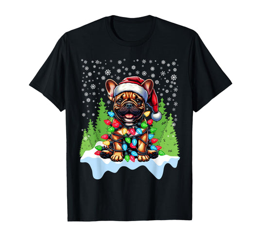 French Bulldog Christmas Santa Hat Lights Tree Snowflakes T-Shirt