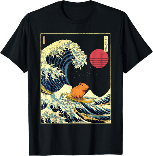 Capybara Japanese Kanagawa Wave Funny Surf Animal T-shirt