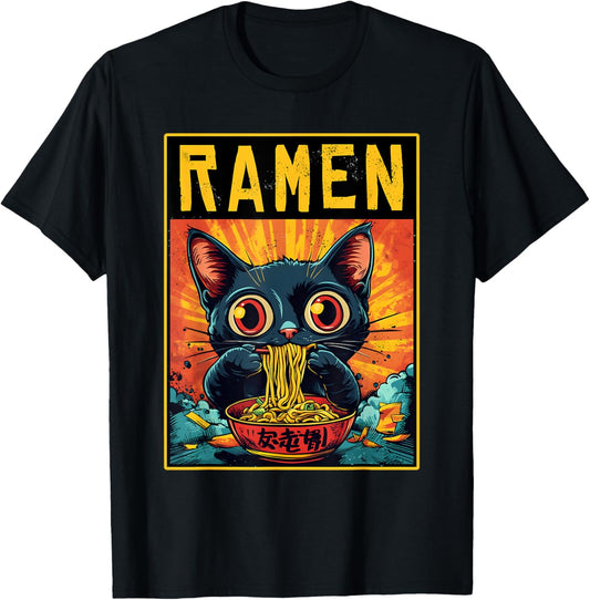 Funny Ramen Cat Tee Japan Anime Manga Kawaii Ramen Noddles T-Shirt
