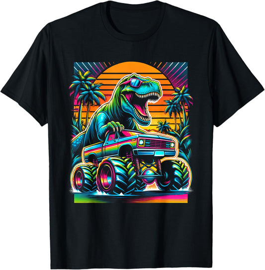 Vintage Animal Funny Apparel Dinosaurs Driving Monster Truck T-Shirt