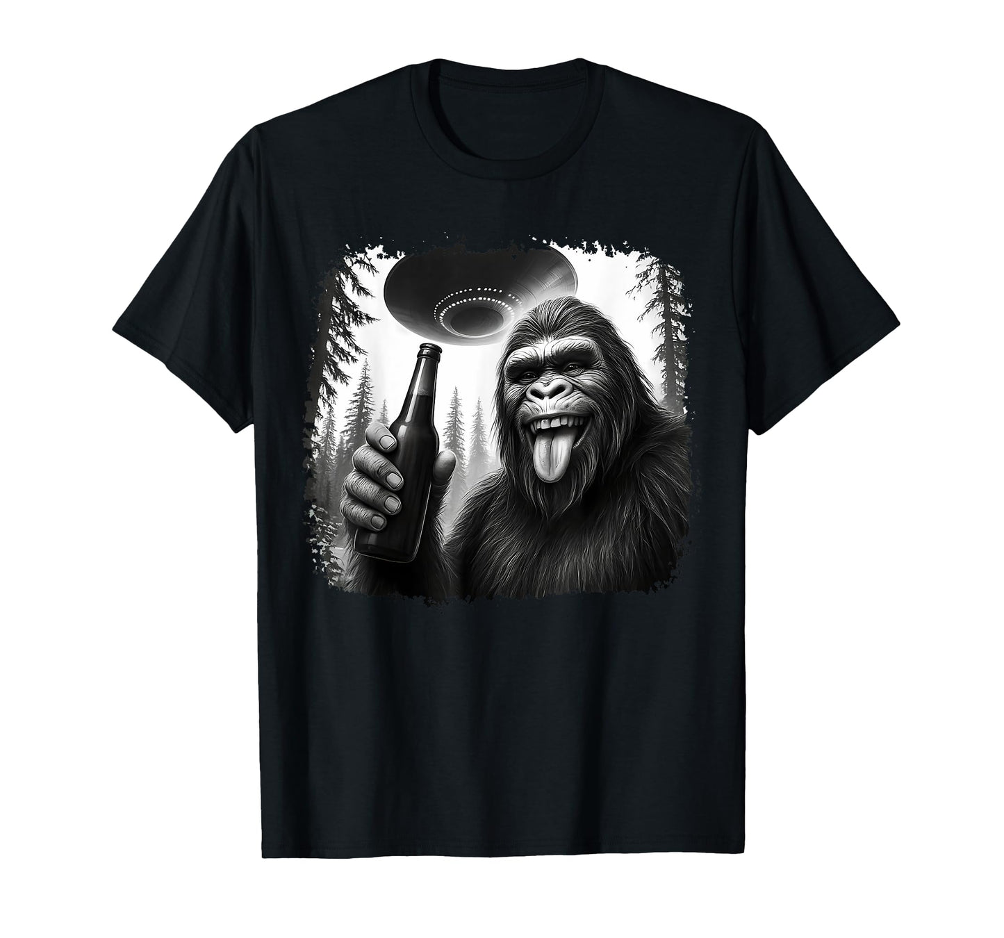 Sasquatch Drinking Beer UFO Encounter Funny T-Shirt