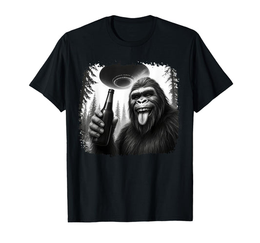 Sasquatch Drinking Beer UFO Encounter Funny T-Shirt