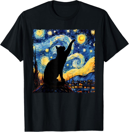 Classic Cat Van Gogh Vintage Starry Night Cat Retro Cat Paws T-Shirt