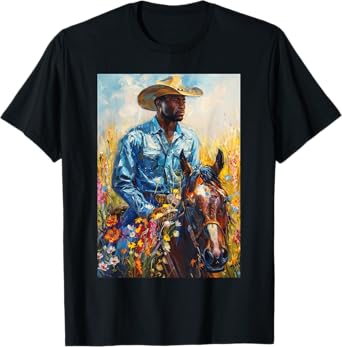 Western Country Rodeo Black Cowboy Painting Wildflowers Art T-Shirt