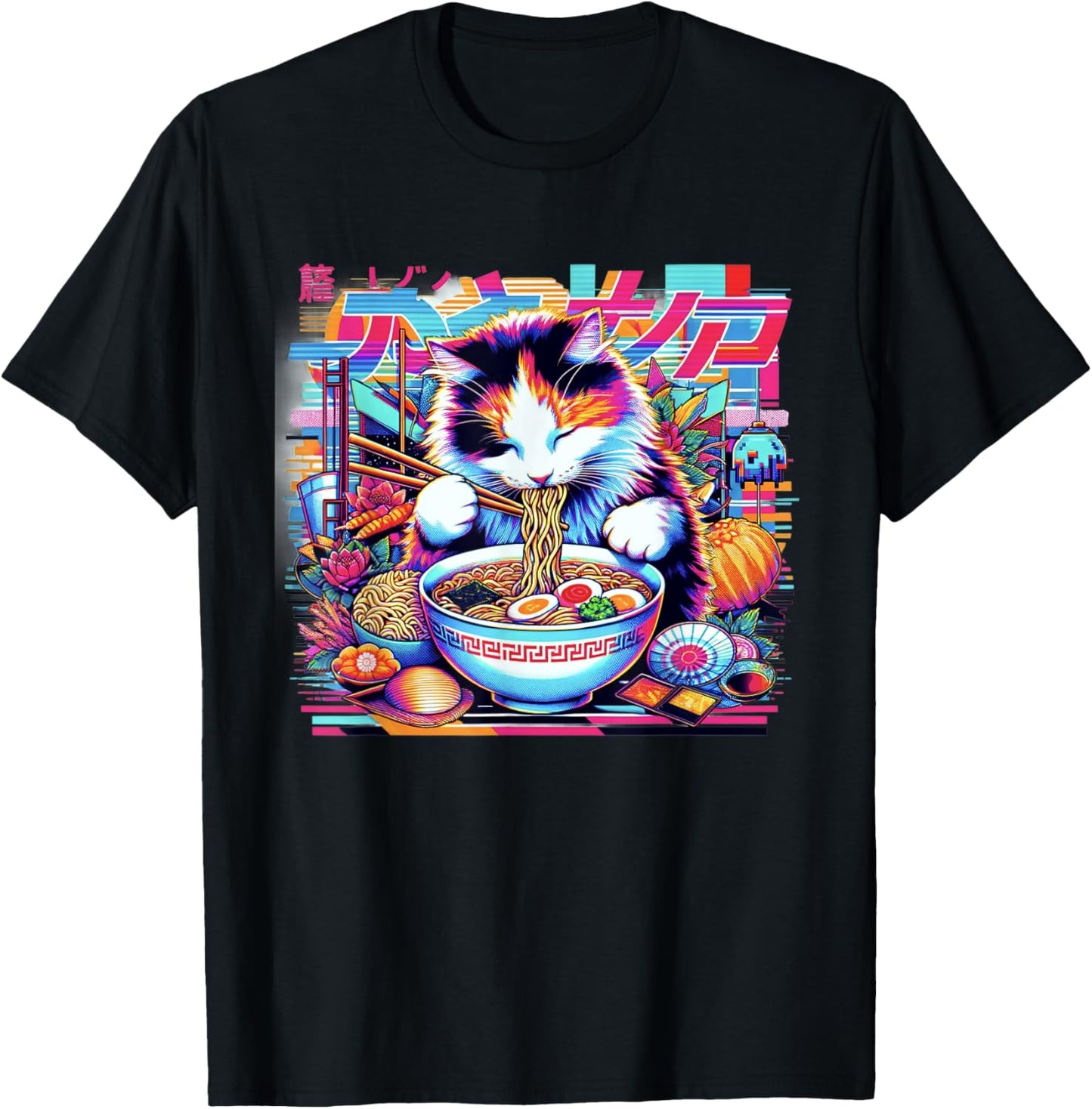 Vaporwave Japanese Glitch Art Cat Eating Ramen T-Shirt