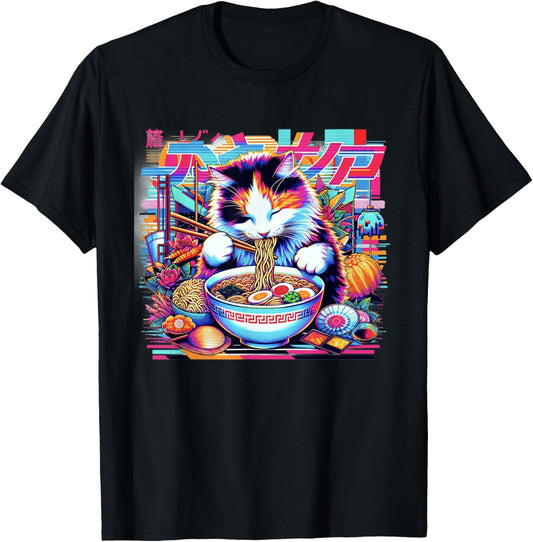 Vaporwave Japanese Glitch Art Cat Eating Ramen T-Shirt