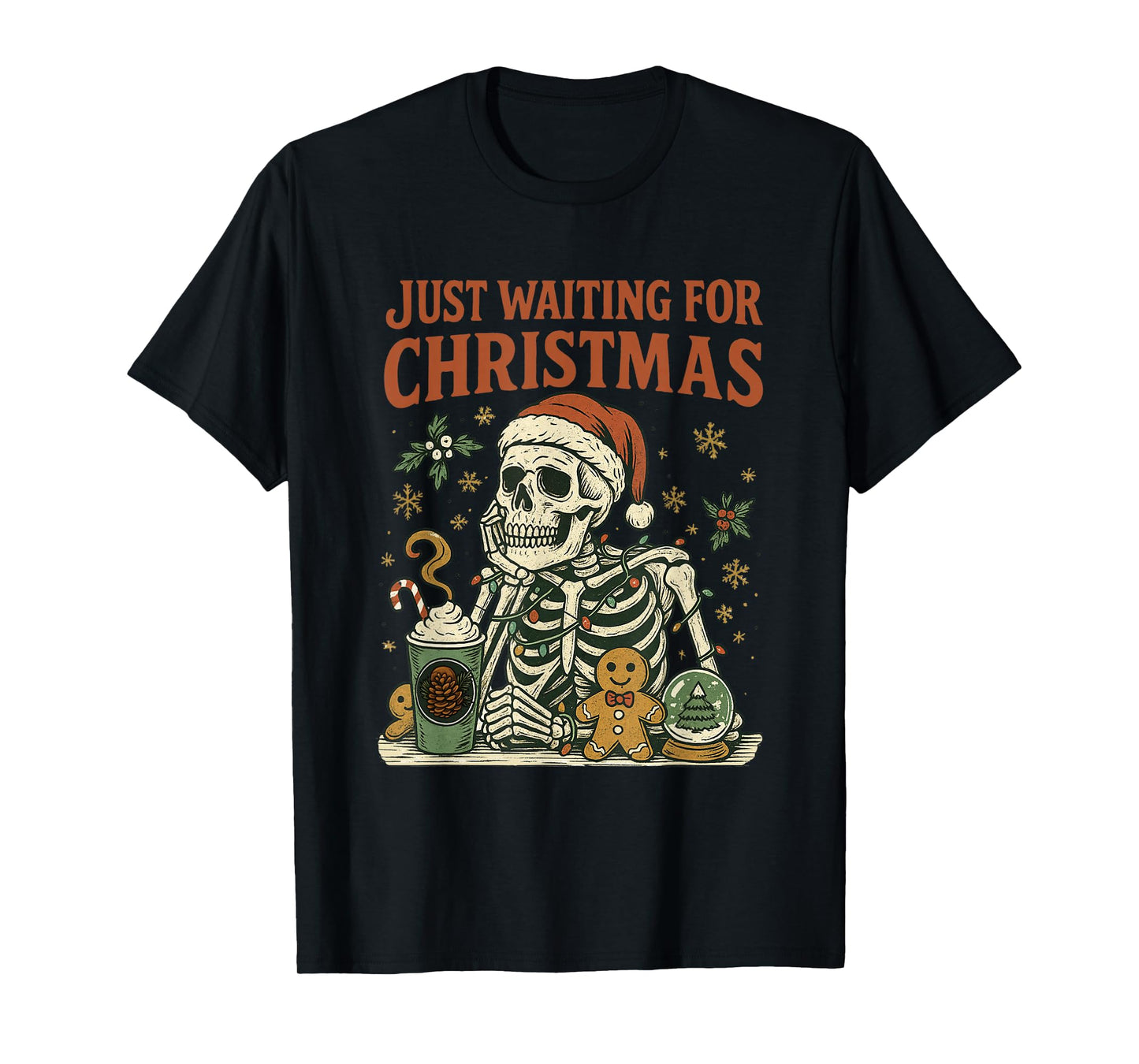 Vintage Xmas Holiday Just Waiting for Christmas Skeleton T-Shirt