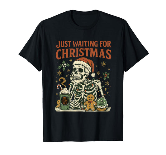 Vintage Xmas Holiday Just Waiting for Christmas Skeleton T-Shirt