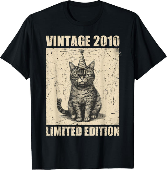 Vintage Cat 2010 Funny 15 Years Old Birthday Limited Edition T-Shirt