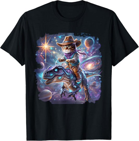 Cat Riding Dinosaur Funny Cat Cowboy Hat Rainbow Galaxy T-Shirt