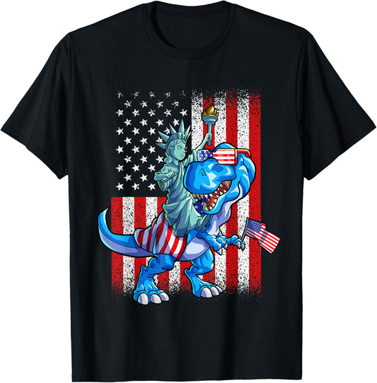 Dino Statue Of Liberty 4th Of July Shirt Boys American Flag T-Shirt