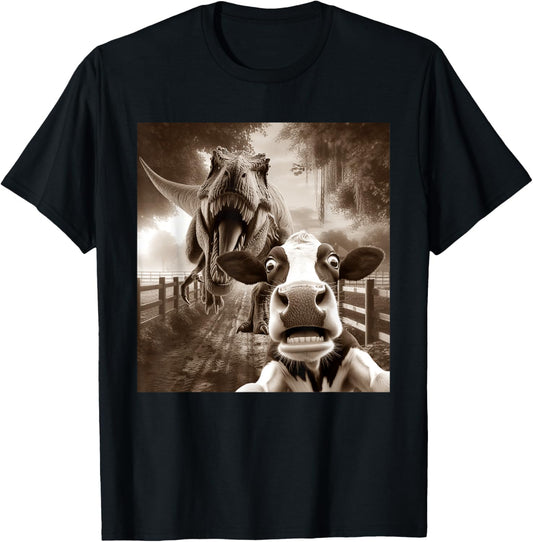 Funny Cow Cattle Selfie With T-rex Tyrannosaurus Dinosaur T-Shirt