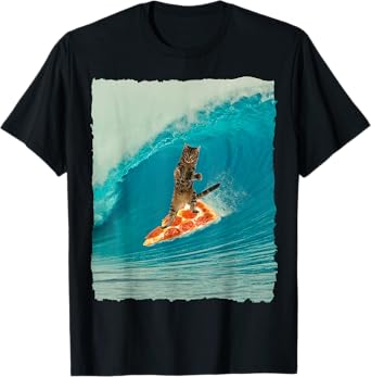 Surf Cat Shirt Kitty Riding a Wave with a Pizza Surf Board T Men Women Girls Kids T-Shirt