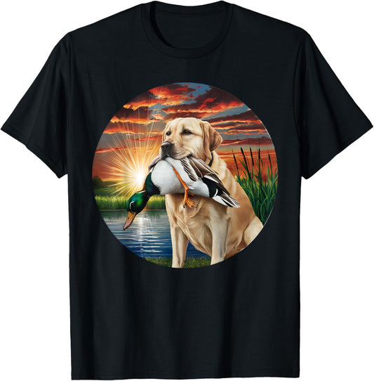 A Hunting Labrador Retriever dog with a duck in the sunset. T-Shirt