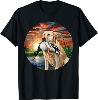 A Hunting Labrador Retriever dog with a duck in the sunset. T-Shirt for Men Women