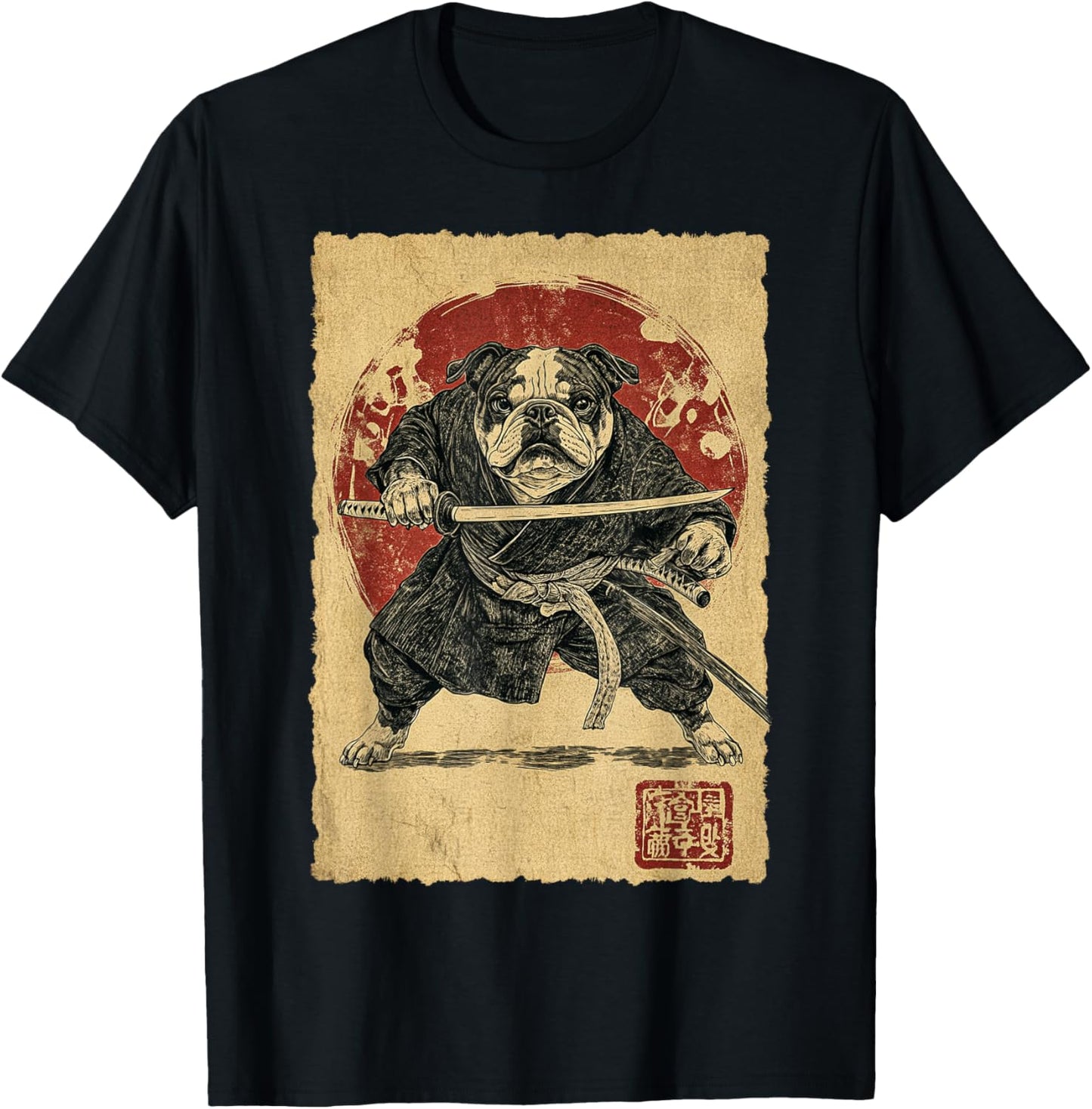 Funny Vintage Japanese Art Bulldog Ninja Samurai Warrior T-Shirt