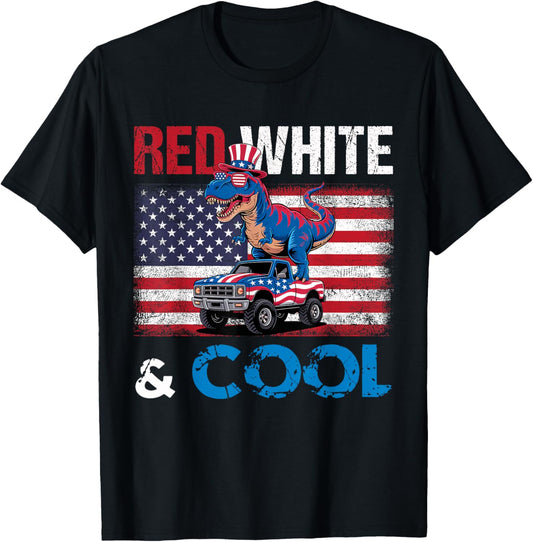 Funny T Rex on Monster Truck 4th of July American Flag Kids T-Shirt