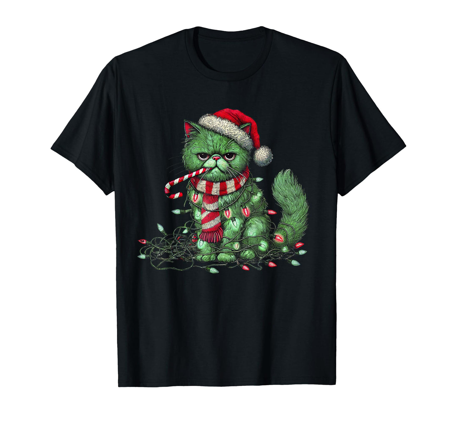 Christmas Cat with Santa Hat & Tree Lights Christmas cat T-Shirt