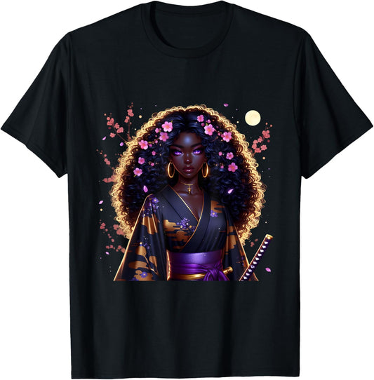 Japanese Anime Samurai Girl Black Cat Women Black Woman T-Shirt