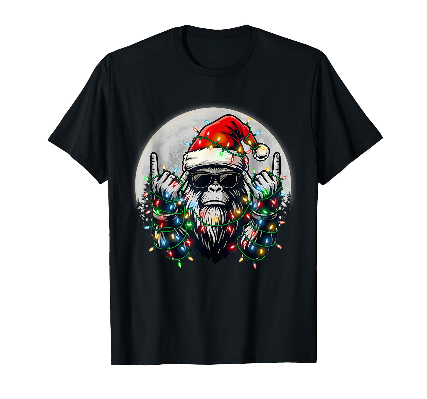 Santa Bigfoot Christmas Tree Xmas Lights Funny Sasquatch T-Shirt
