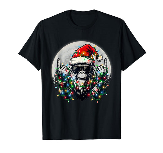 Santa Bigfoot Christmas Tree Xmas Lights Funny Sasquatch T-Shirt