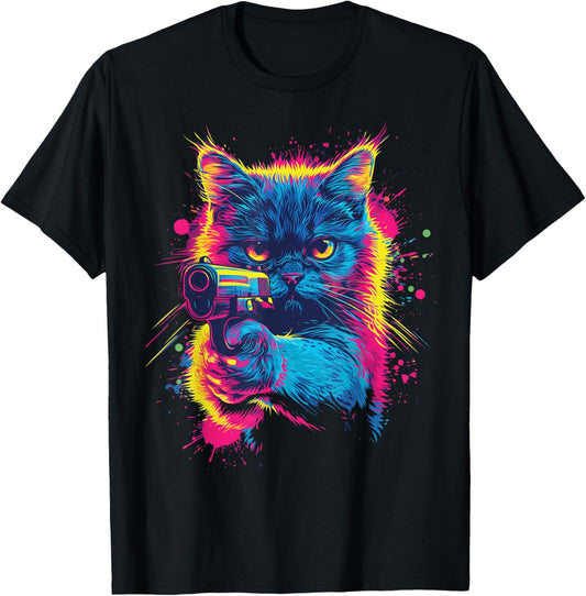 Funny Cat With a Gun Graphic T-Shirt, Small, Black