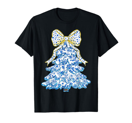 Blue Floral Coquette Bow Christmas Tree Chinoiserie Women T-Shirt