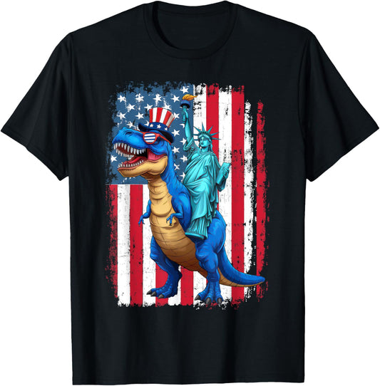 Dino Statue Of Liberty Patriotic 4th Of July American Flag T-Shirt
