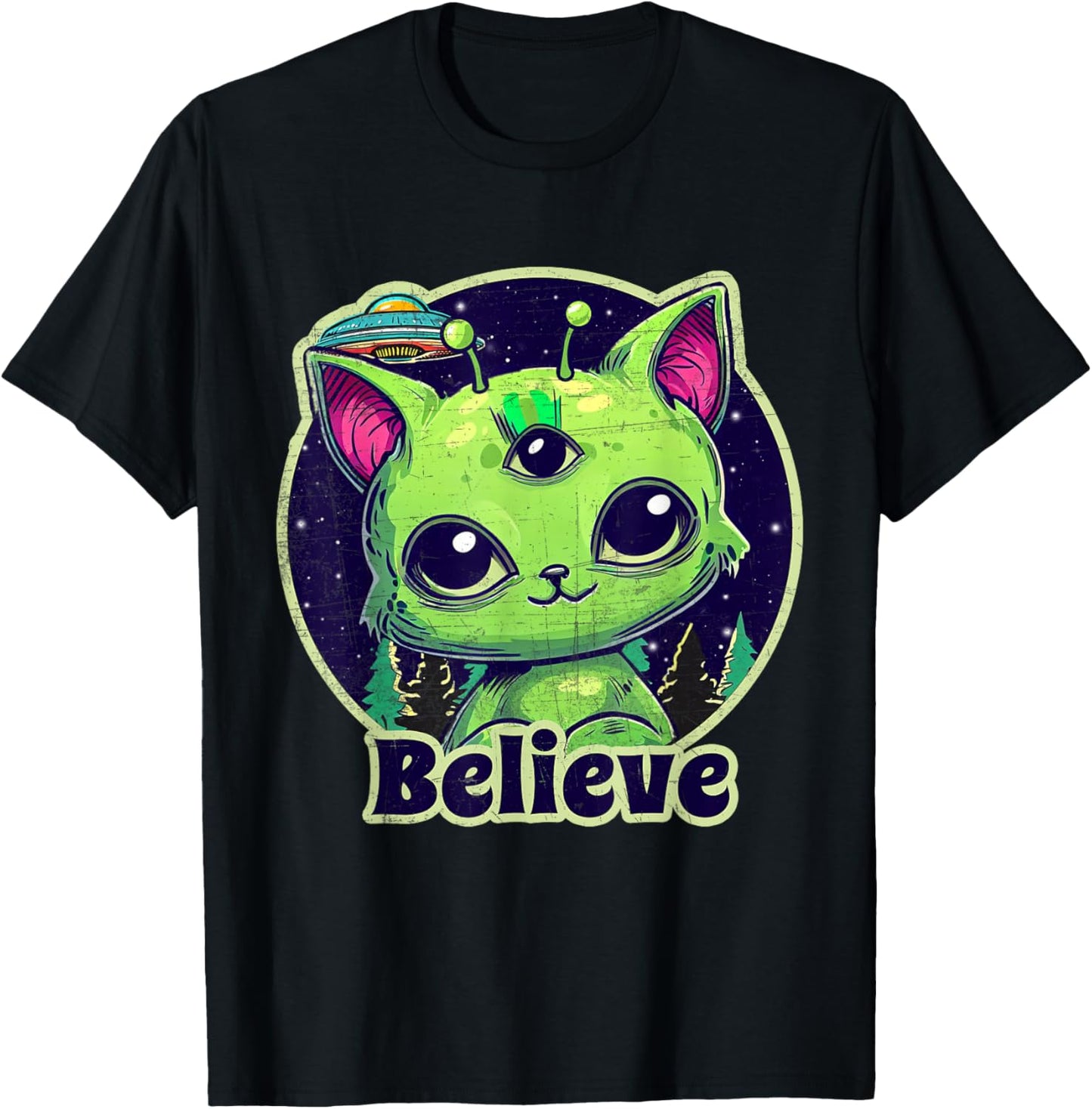 Cute Alien Cat Belive in UFO Kawaii T-Shirt