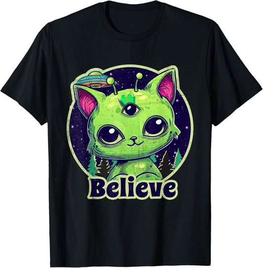 Cute Alien Cat Belive in UFO Kawaii T-Shirt