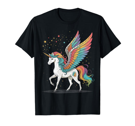 Magical Rainbow Unicorn with Wings Black Background Art T-Shirt