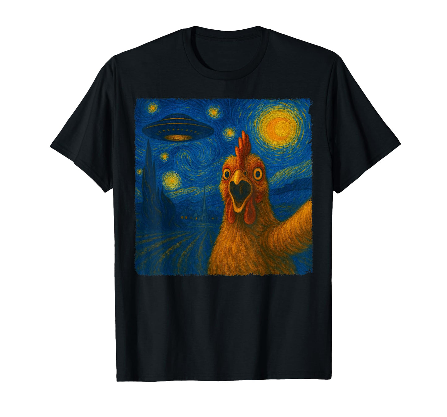 Chicken Selfie with UFO Starry Night Van Gogh Men Women Kid T-Shirt