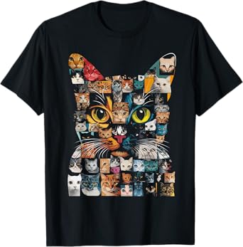 Cat Lover - Colorful Cat Face Collage T-Shirt for Men Women Kids
