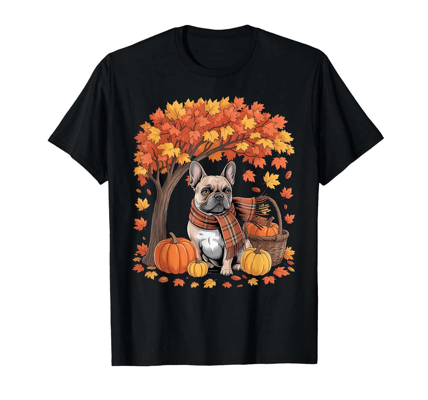French Bulldog Fall Scarf Pumpkin Autumn Leaves Thanksgiving T-Shirt