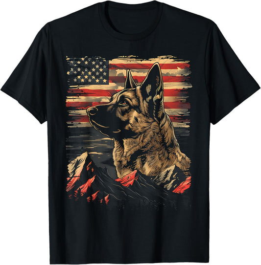 Patriotic American Flag German Shepherd Dog Silhouette 4th T-Shirt