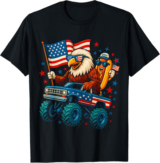 4th of July Eagle Hotdog Monster Truck American Flag Men Boy T-Shirt