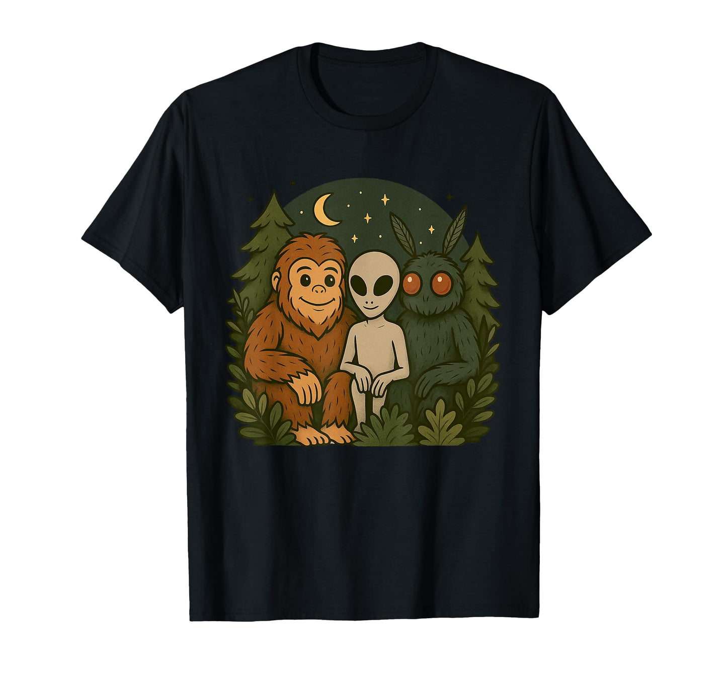 Whimsical Cute Mothman Bigfoot And Alien Funny Cryptid Art T-Shirt
