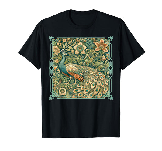Art Nouveau Peacock in a Vintage Flower Garden T-Shirt