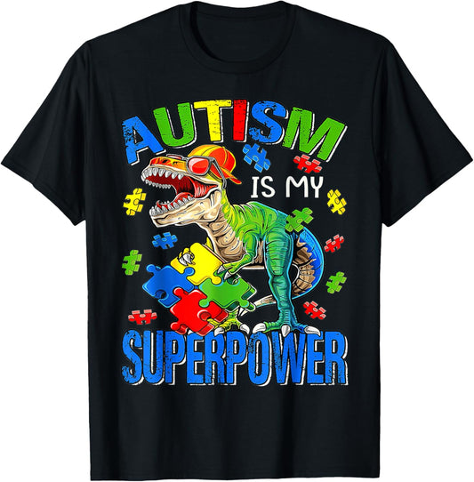 Autism Is My Superpower Autism Awareness Boys Kids Dinosaur T-Shirt