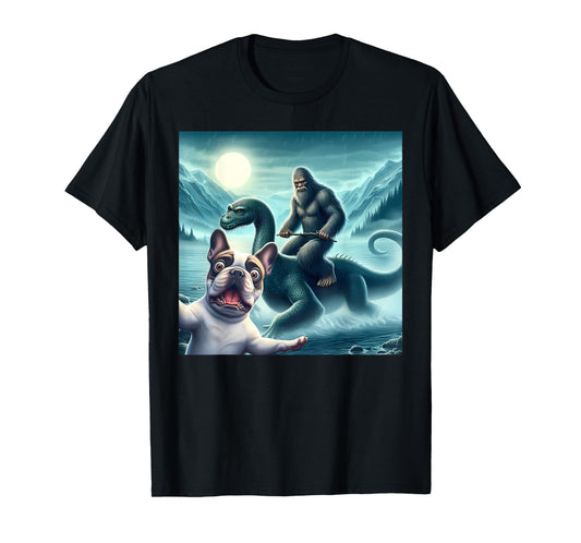 French bulldog Selfie with bigfoot riding loch Ness T-Shirt