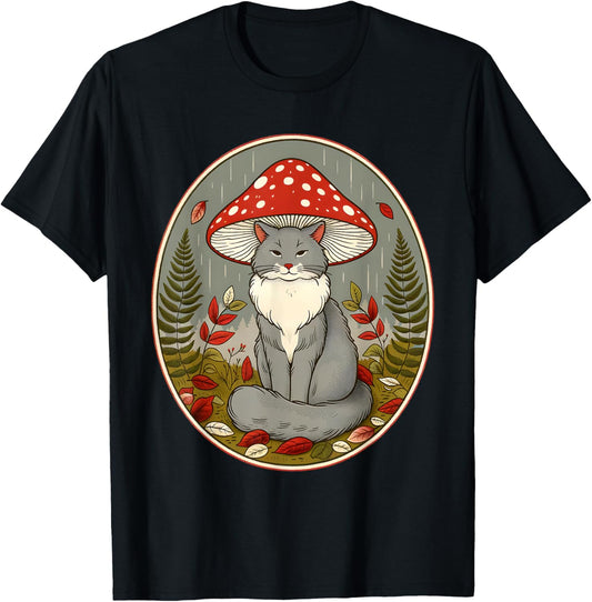 Mushroom Cat, Cottagecore Aesthetic Cat With Mushroom Hat T-Shirt