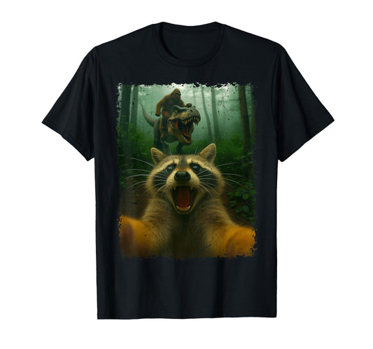 Funny Raccoon Selfie with T-Rex Dinosaur and Bigfoot T-Shirt