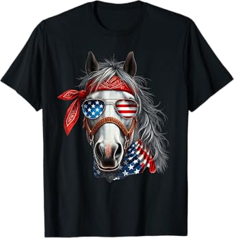 Horse 4th of July Shirt Men Boys Horse American USA Flag T-Shirt