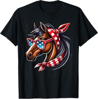 Horse 4th of July Shirt Women Girls Horse American USA Flag T-Shirt