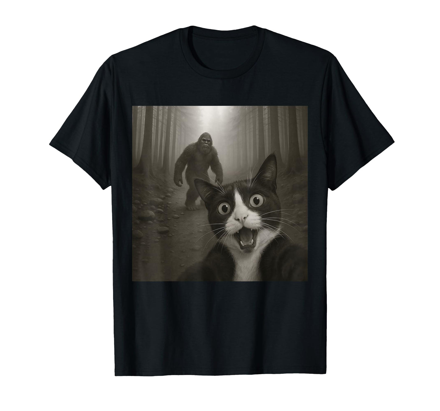 Funny Surprised Scared Tuxedo Cat Selfie With Bigfoot T-Shirt